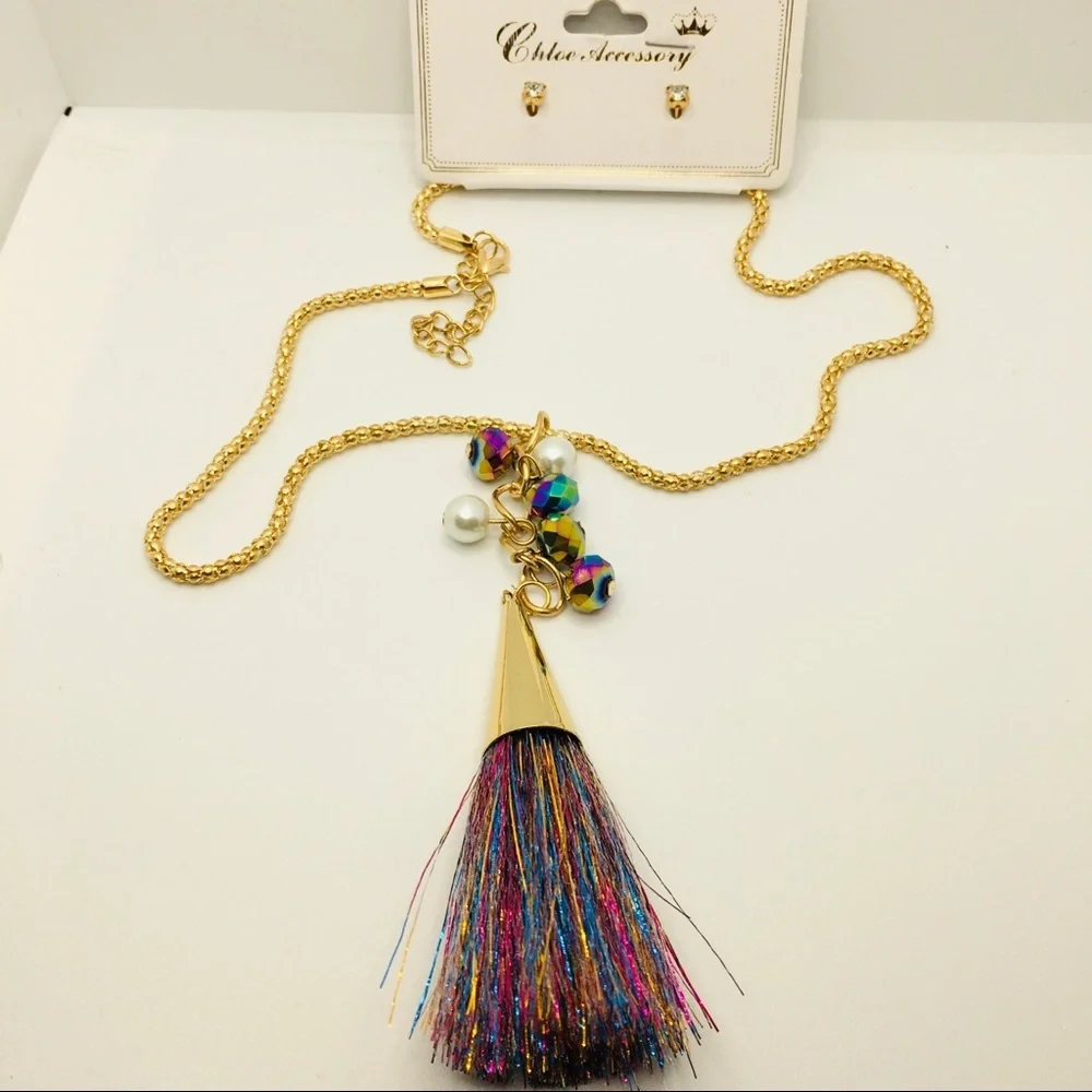 NECKLACE TASSEL & EARRINGS MULTI COLORED! Pierced!